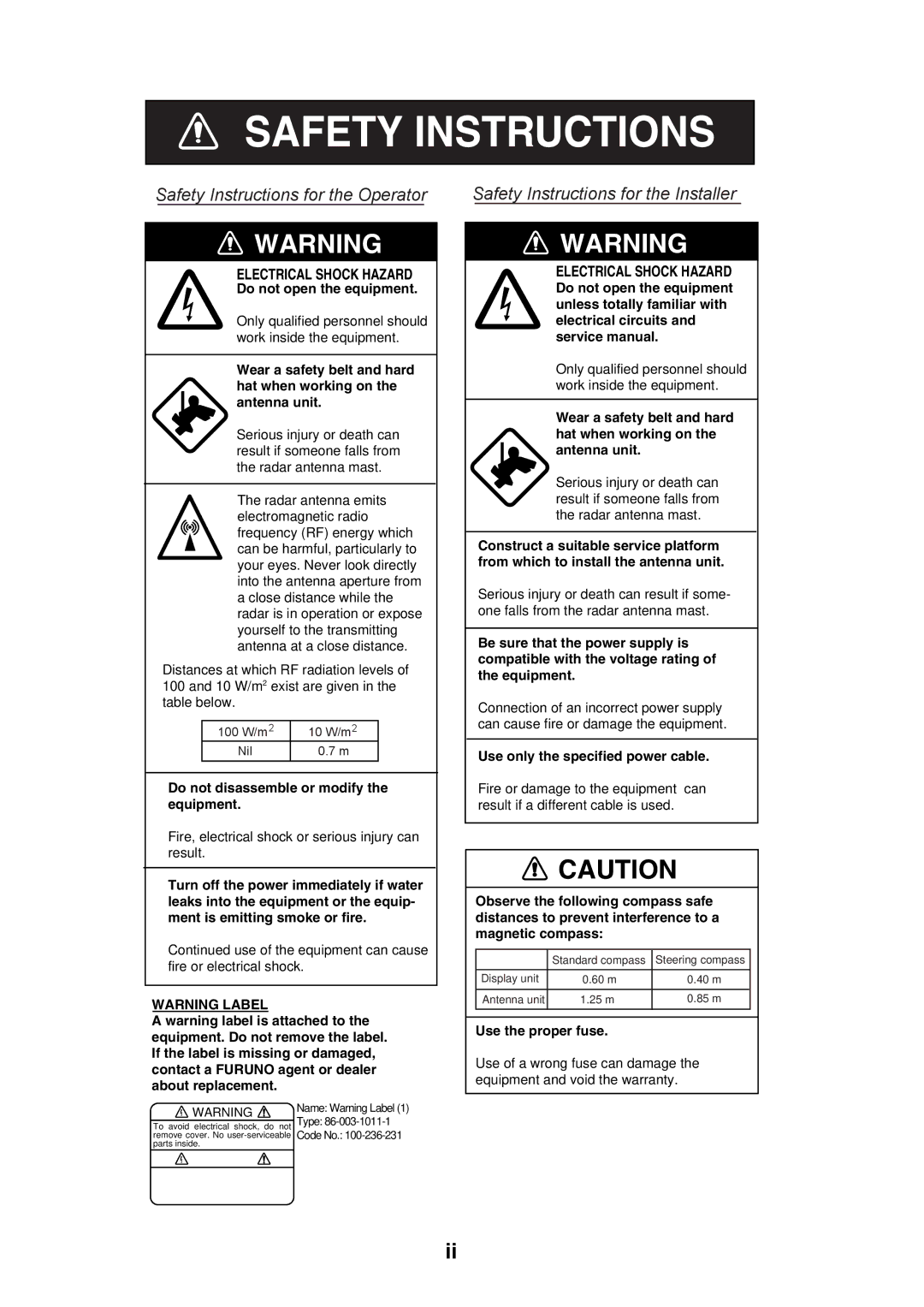 Furuno 1715 manual Safety Instructions 