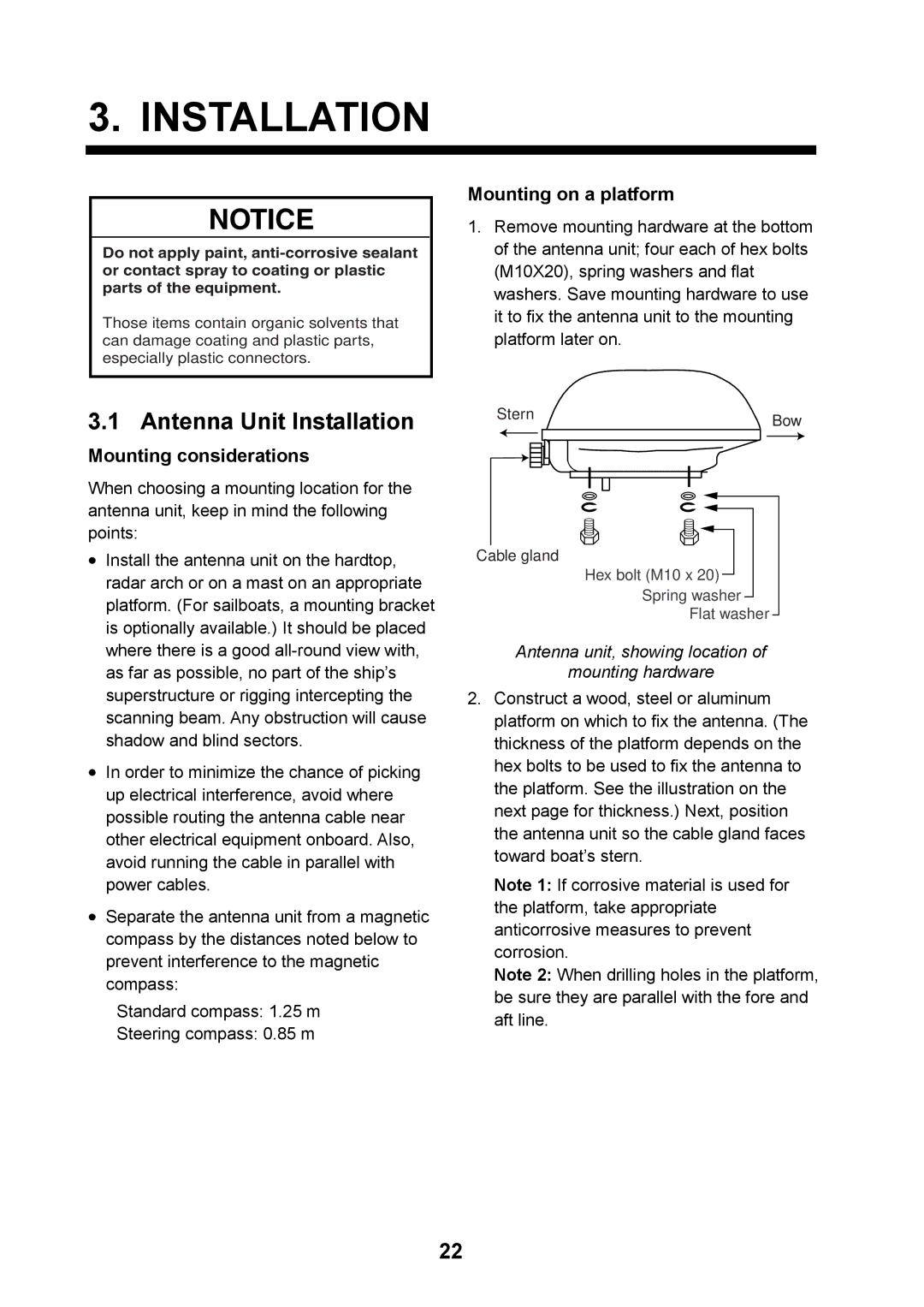 Furuno 1715 manual Antenna Unit Installation, Mounting considerations, Mounting on a platform 