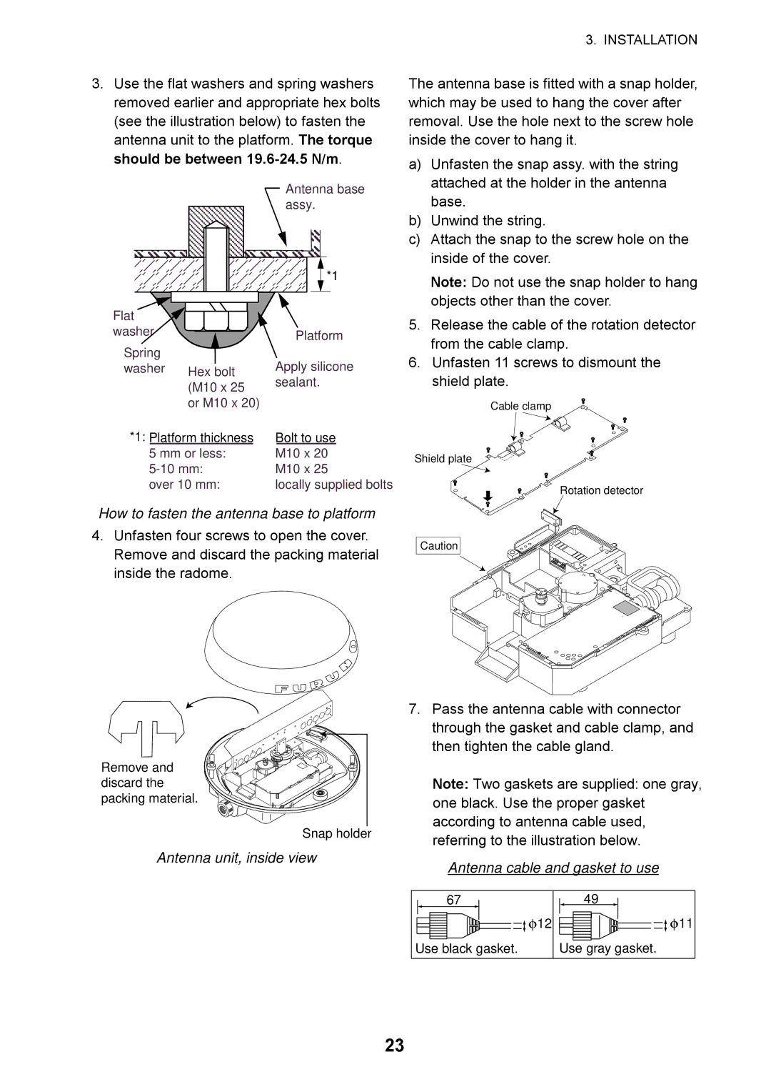 Furuno 1715 manual How to fasten the antenna base to platform, Antenna unit, inside view, Antenna cable and gasket to use 