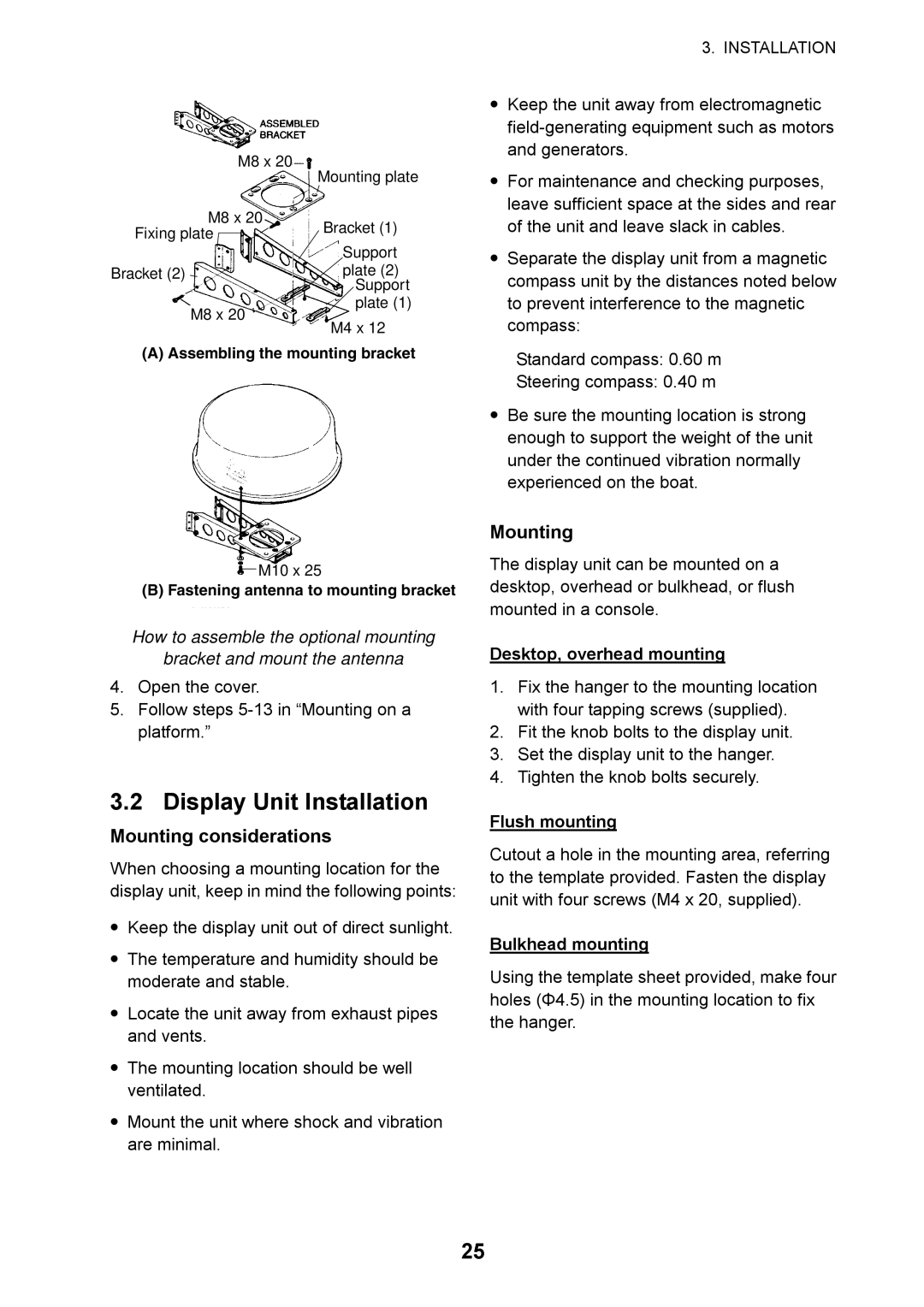 Furuno 1715 manual Display Unit Installation, Mounting, Desktop, overhead mounting, Flush mounting, Bulkhead mounting 