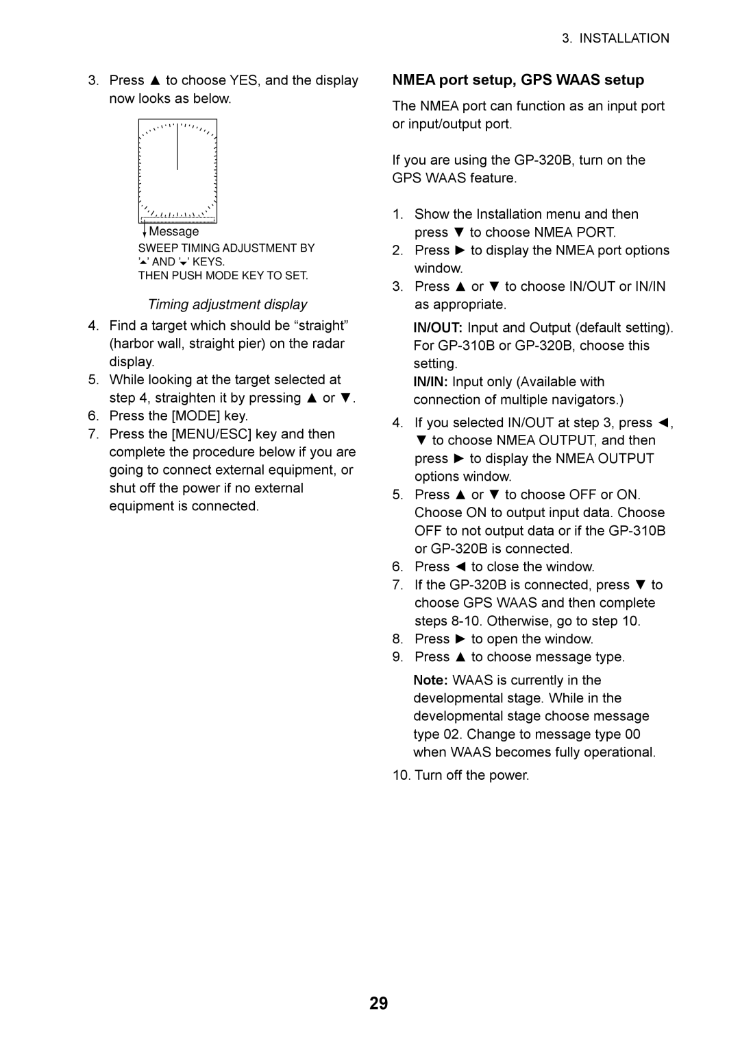 Furuno 1715 manual Nmea port setup, GPS Waas setup, Timing adjustment display 