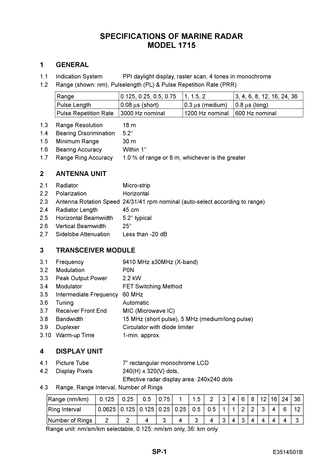 Furuno 1715 manual Specifications of Marine Radar, SP-1 