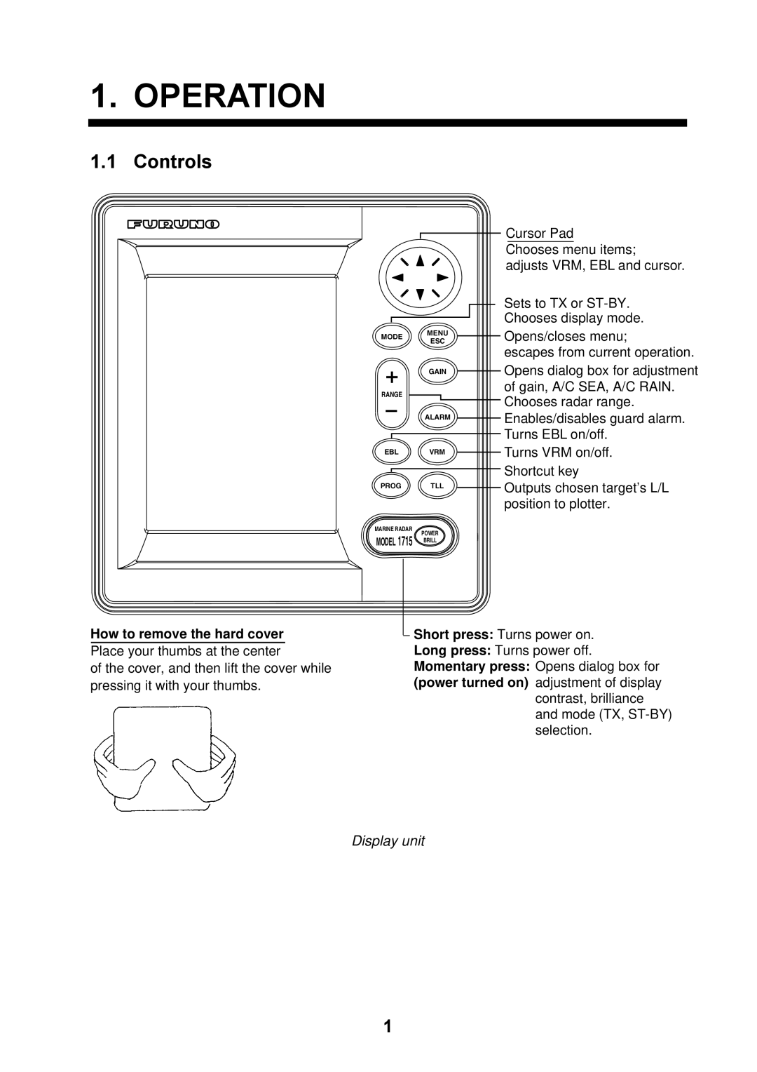 Furuno 1715 manual Operation, Controls, Display unit, How to remove the hard cover 