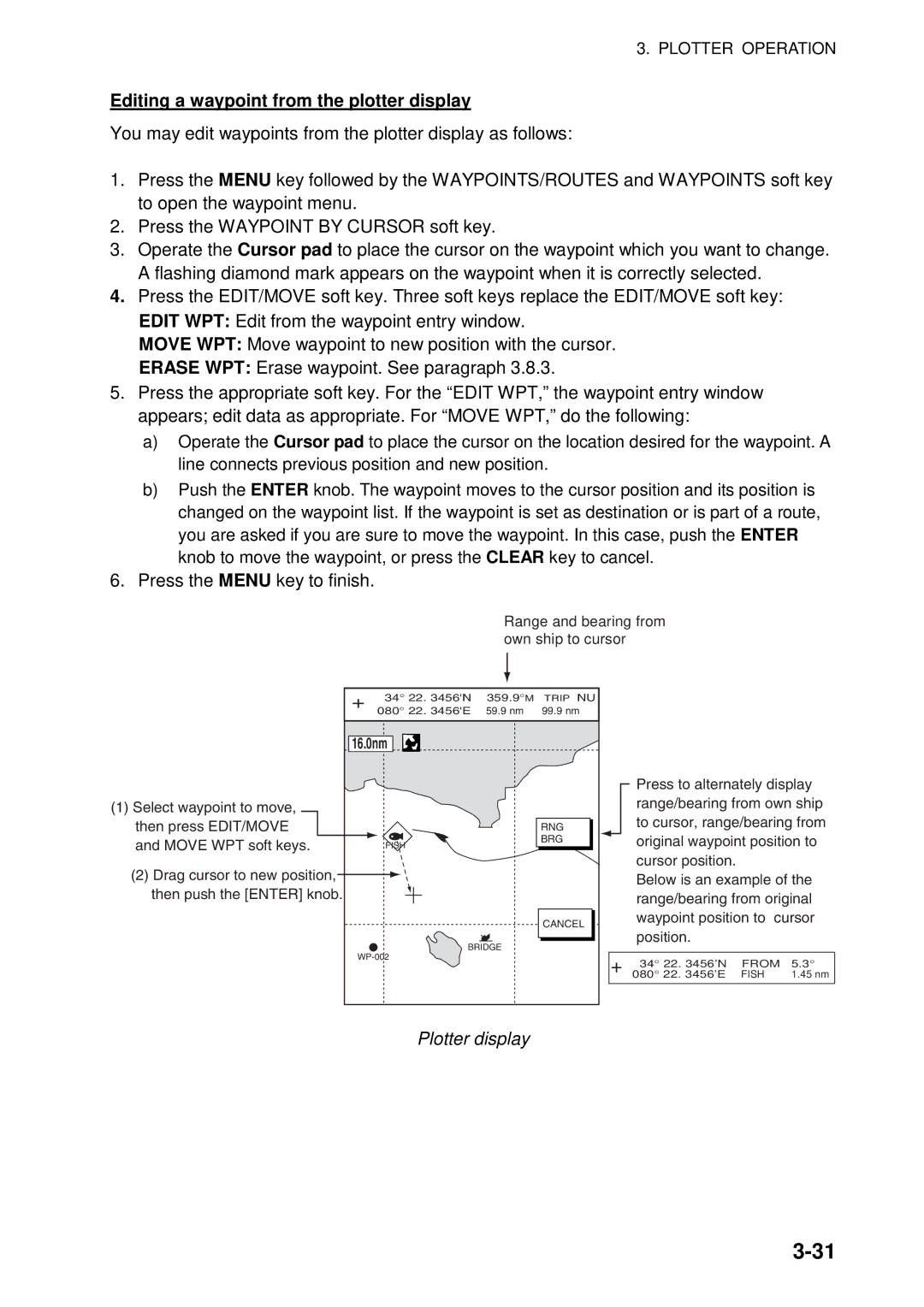 Furuno 1734C, 1724C manual Editing a waypoint from the plotter display, Plotter display 