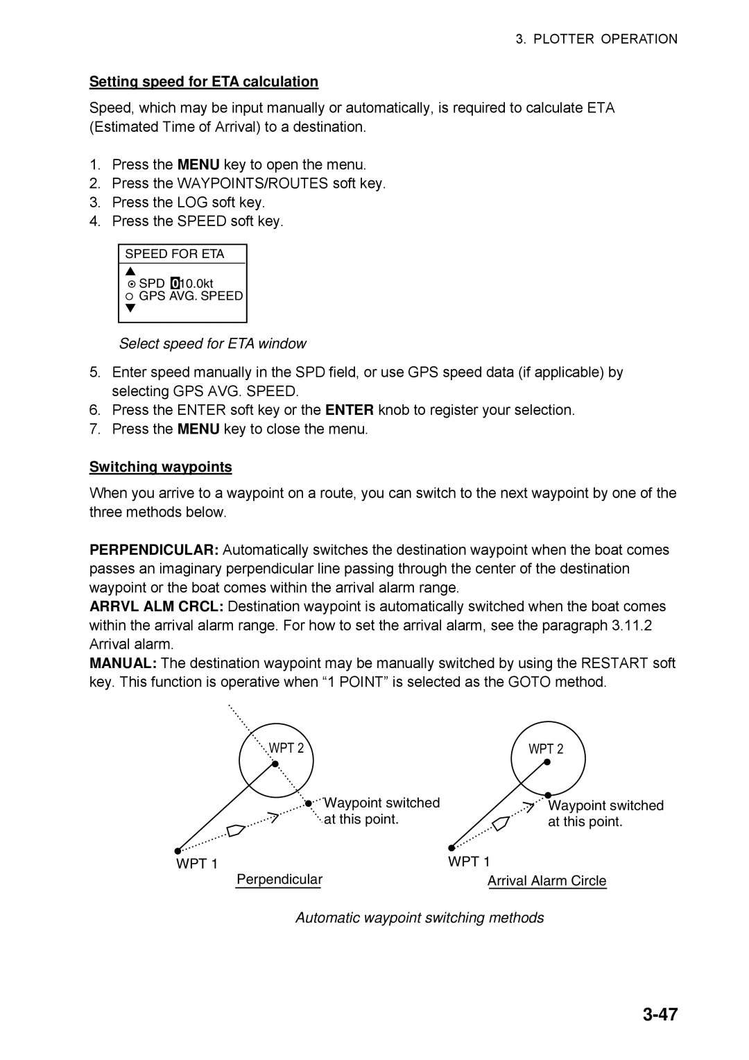 Furuno 1734C, 1724C manual Setting speed for ETA calculation, Select speed for ETA window, Switching waypoints 