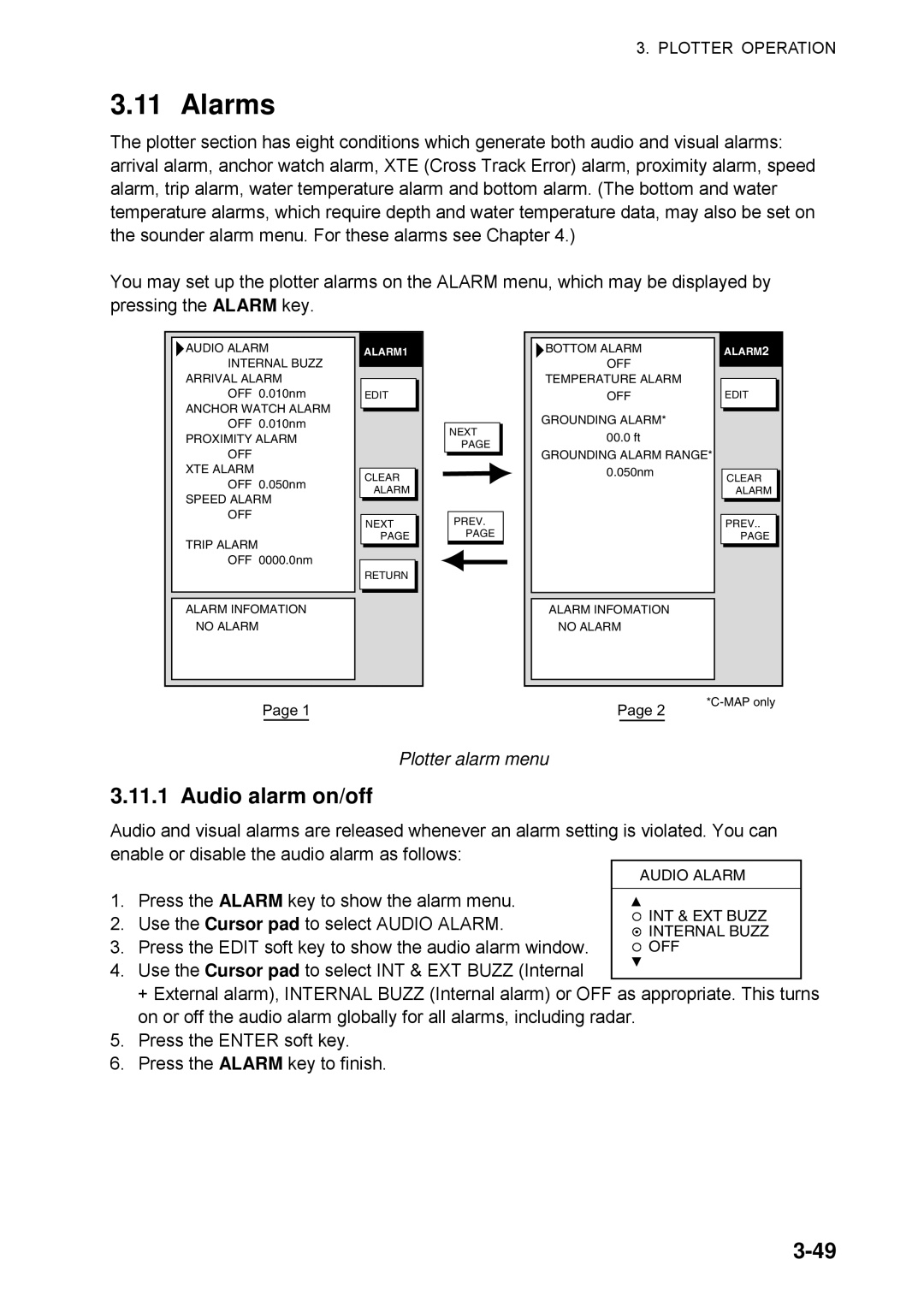 Furuno 1734C, 1724C manual Alarms, Plotter alarm menu 