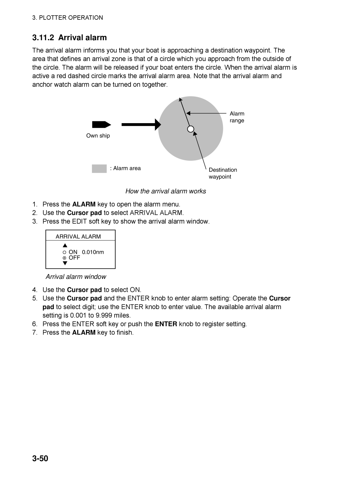 Furuno 1724C, 1734C manual How the arrival alarm works, Arrival alarm window 