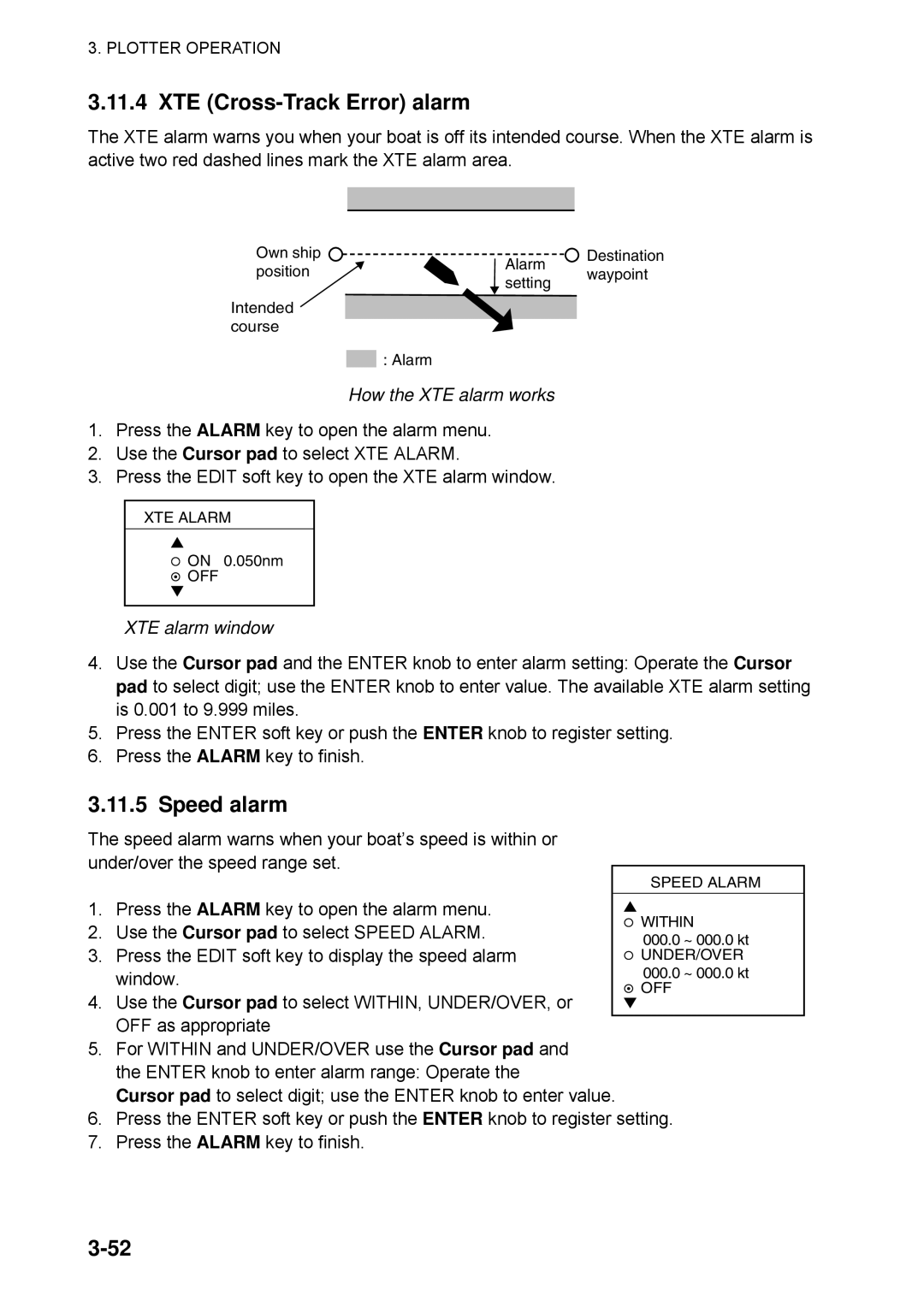 Furuno 1724C, 1734C manual XTE Cross-Track Error alarm, Speed alarm, How the XTE alarm works, XTE alarm window 