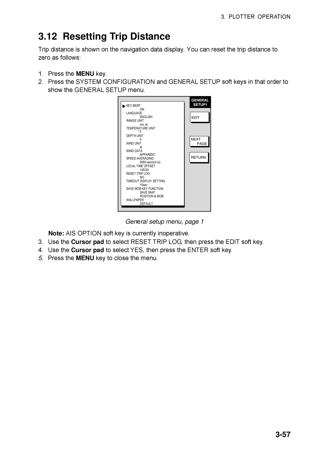 Furuno 1734C, 1724C manual Resetting Trip Distance, General setup menu 