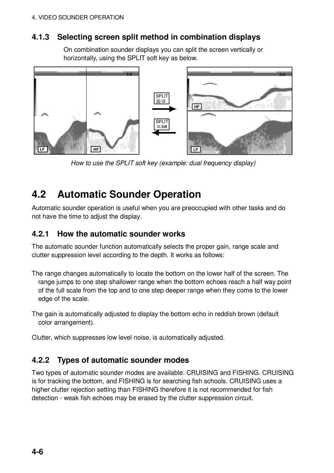 Furuno 1724C, 1734C manual Automatic Sounder Operation, Selecting screen split method in combination displays 