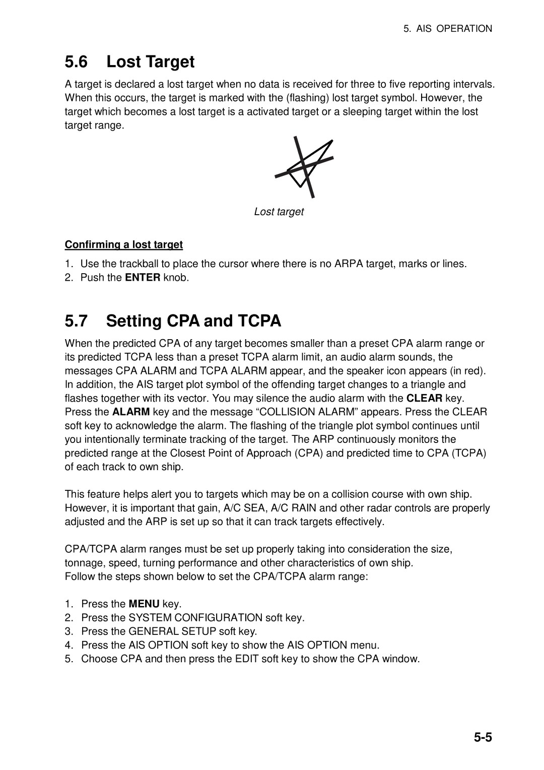 Furuno 1734C, 1724C manual Lost Target, Setting CPA and Tcpa, Lost target, Confirming a lost target 