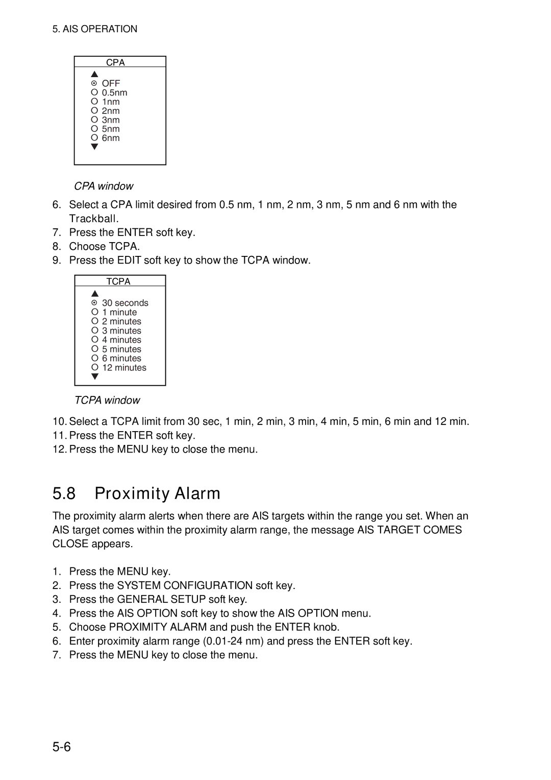 Furuno 1724C, 1734C manual Proximity Alarm, CPA window, Tcpa window 