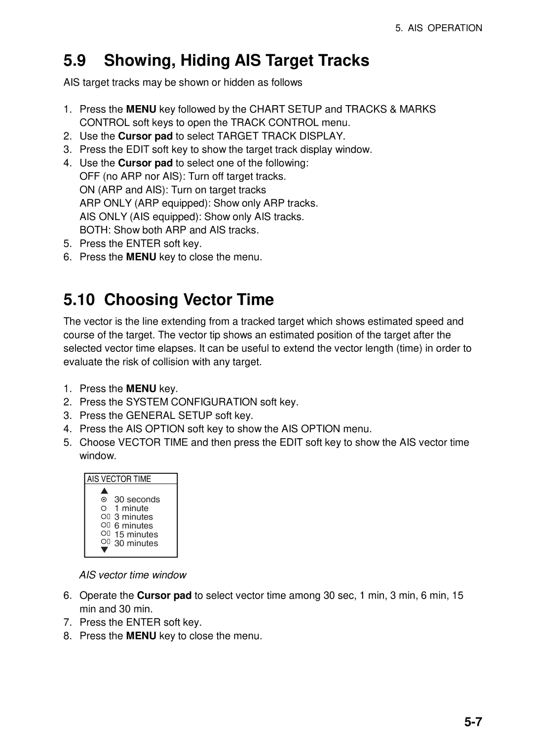 Furuno 1734C, 1724C manual Showing, Hiding AIS Target Tracks, Choosing Vector Time, AIS vector time window 