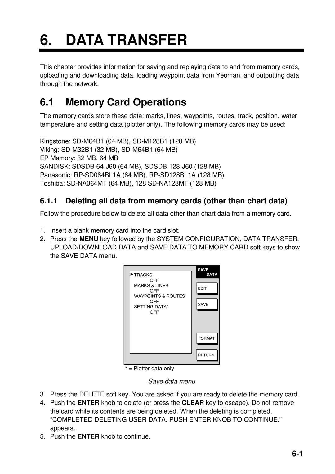 Furuno 1734C, 1724C manual Memory Card Operations, Deleting all data from memory cards other than chart data, Save data menu 