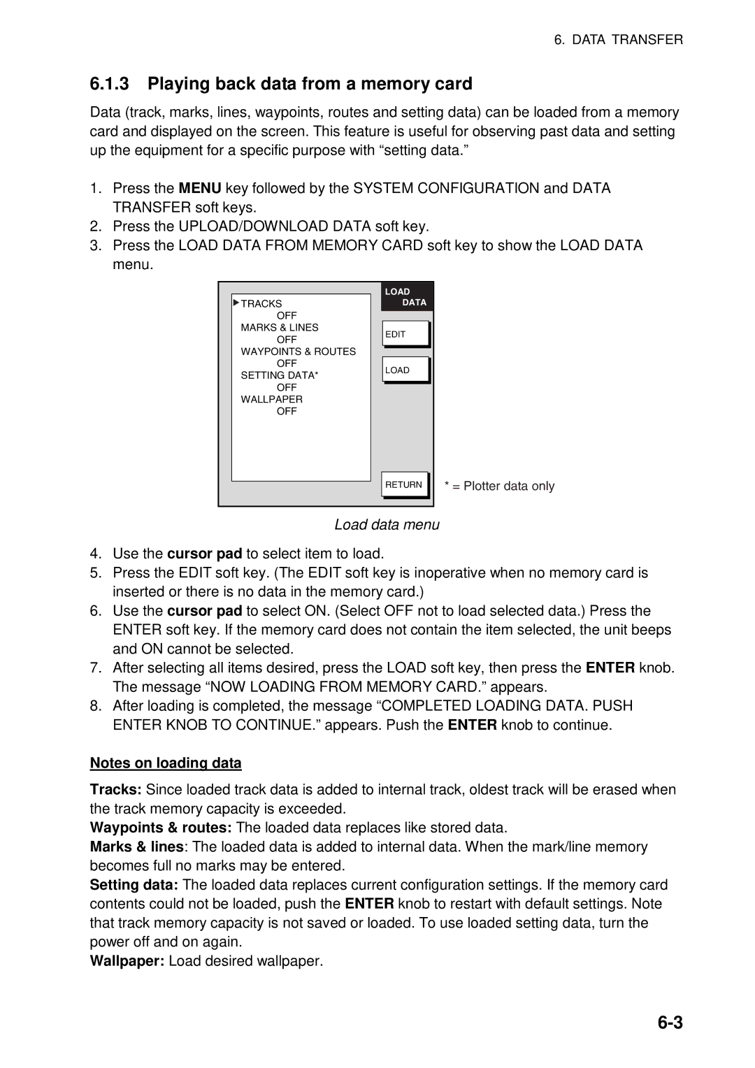 Furuno 1734C, 1724C manual Playing back data from a memory card, Load data menu 