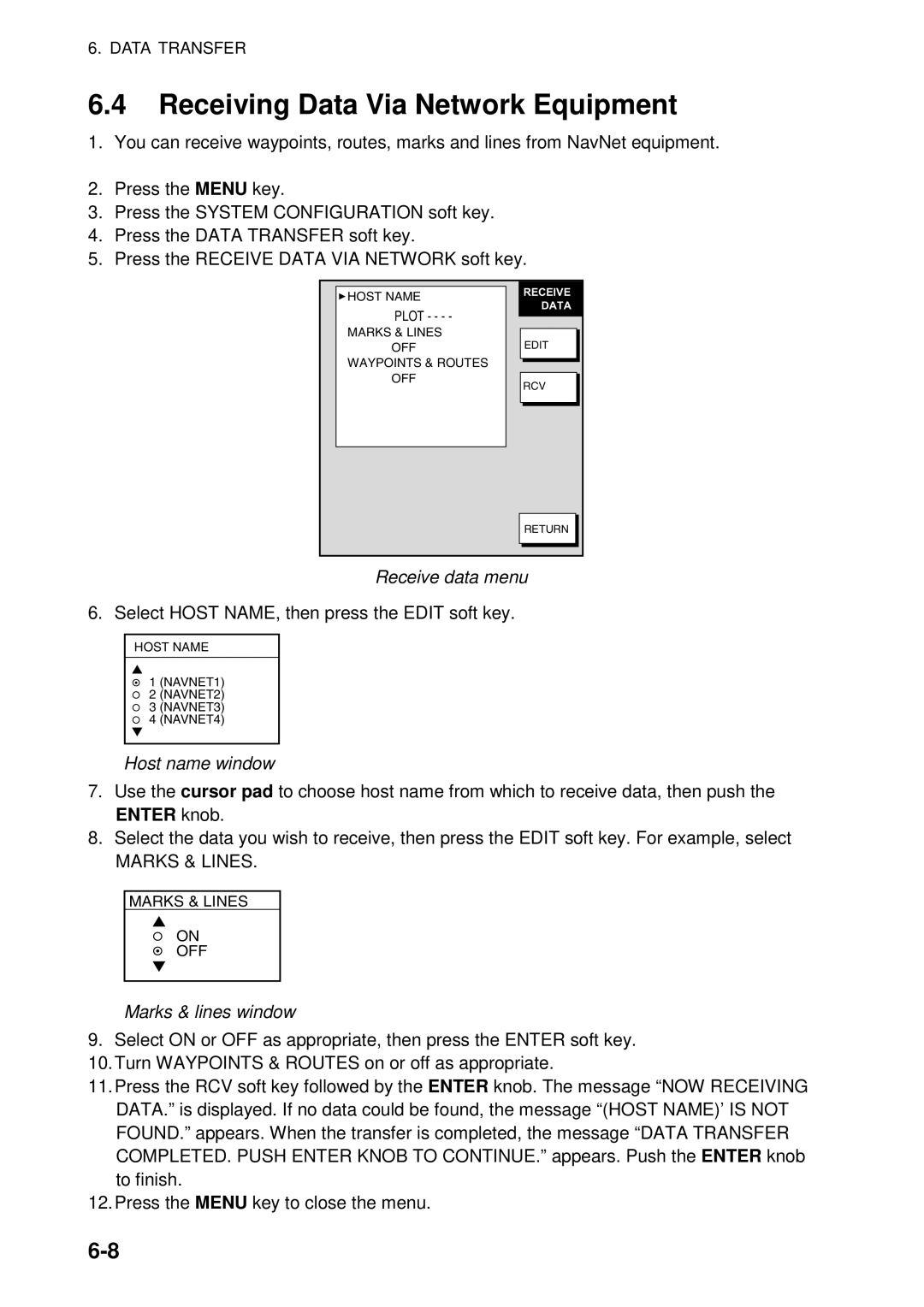 Furuno 1724C, 1734C manual Receiving Data Via Network Equipment, Receive data menu, Host name window, Marks & lines window 