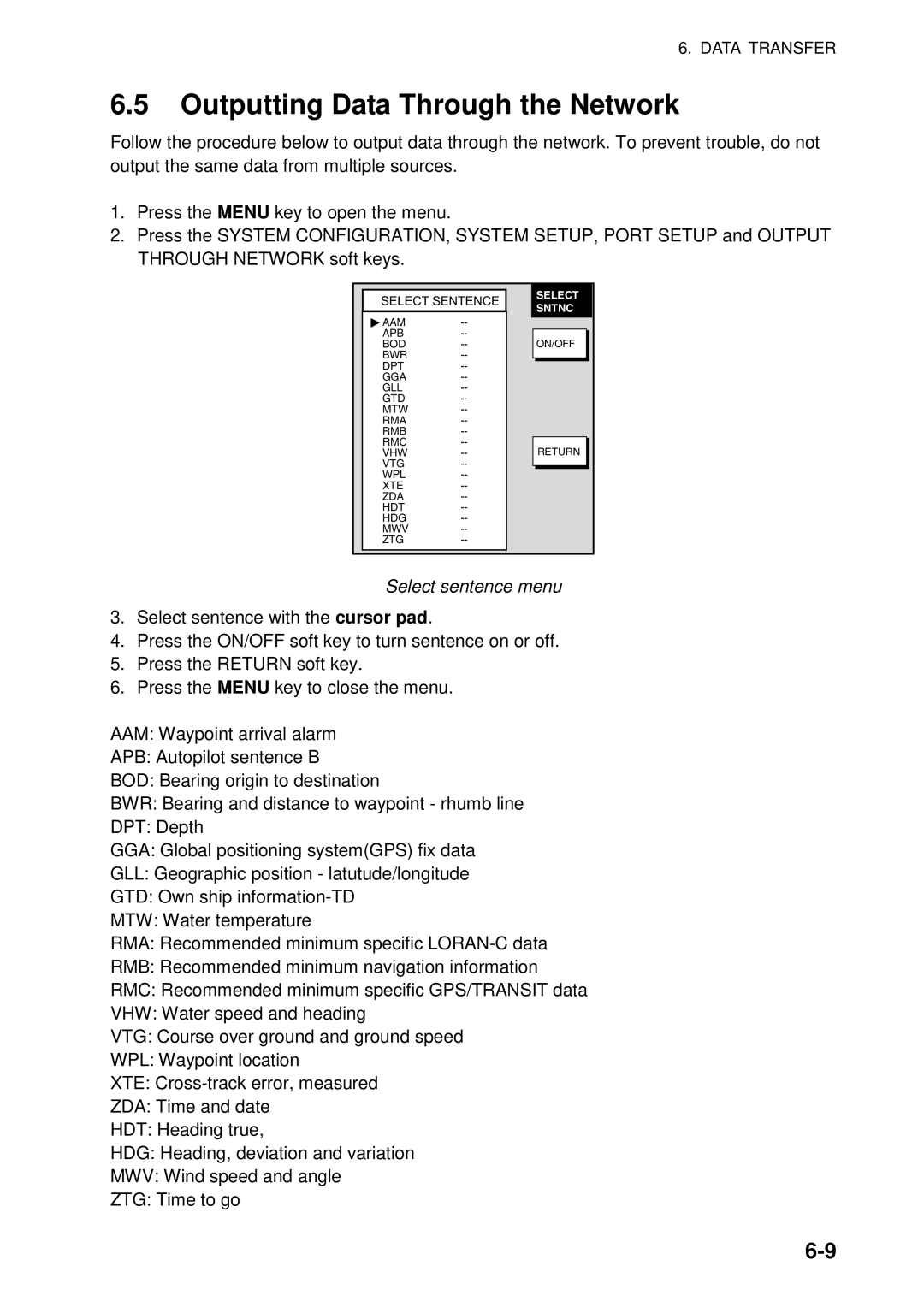 Furuno 1734C, 1724C manual Outputting Data Through the Network, Select sentence menu 