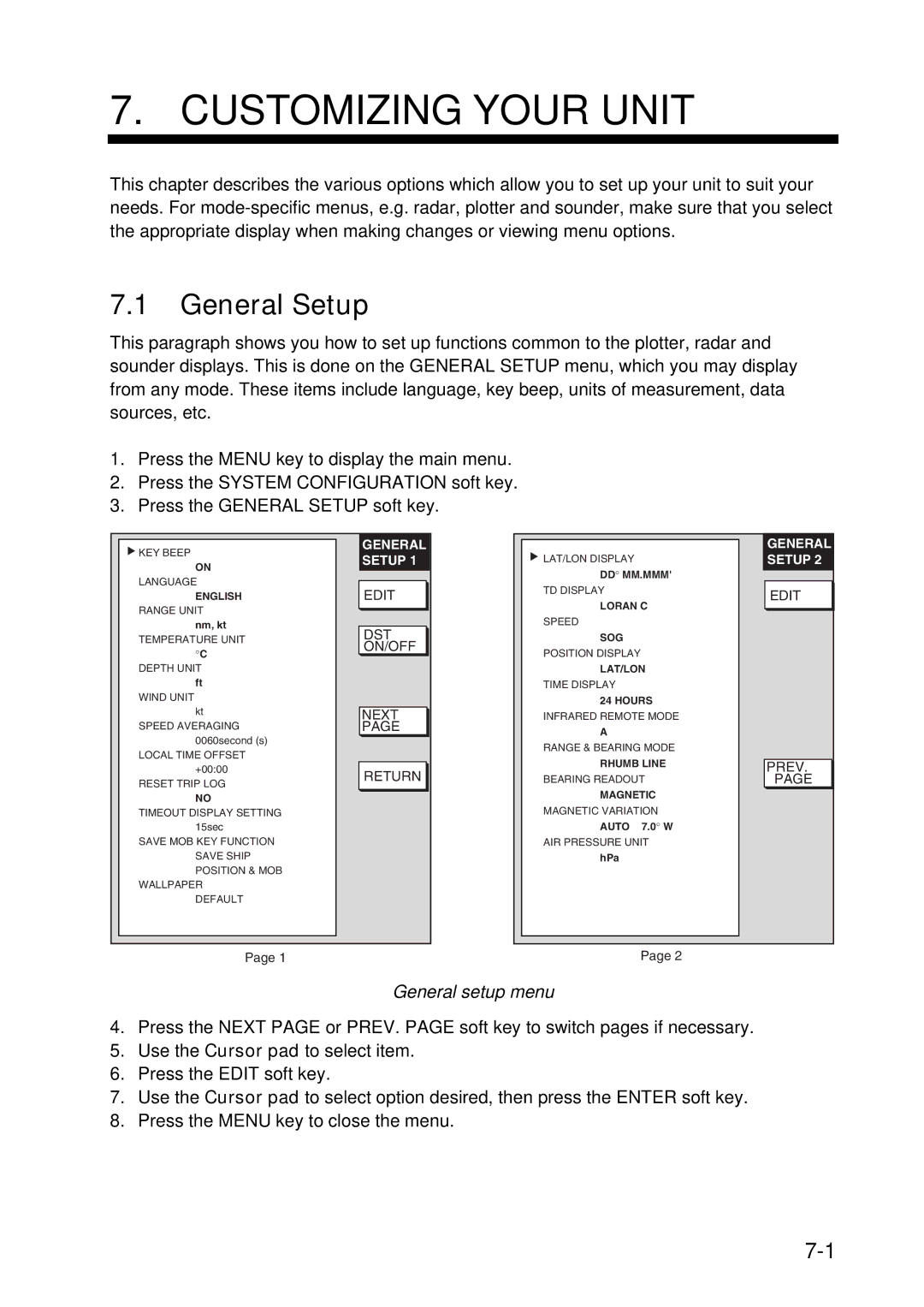 Furuno 1734C, 1724C manual General Setup, General setup menu 