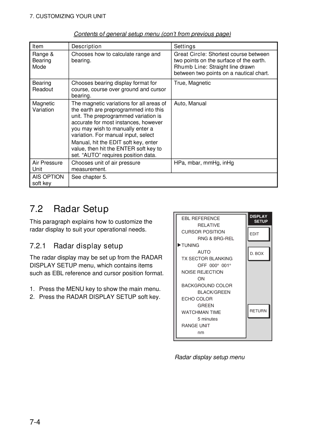 Furuno 1724C, 1734C manual Radar Setup, Radar display setup menu 