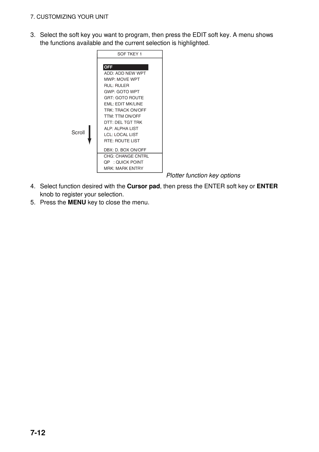 Furuno 1724C, 1734C manual Plotter function key options, Scroll 
