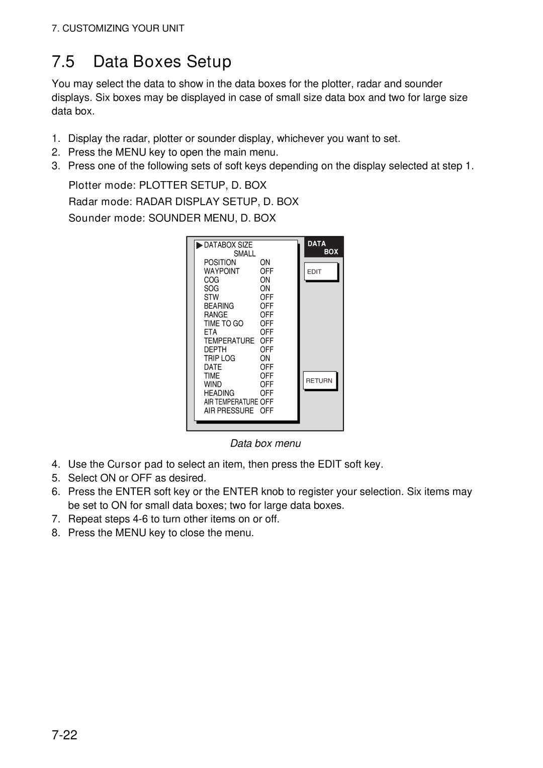 Furuno 1724C, 1734C manual Data Boxes Setup, Data box menu 