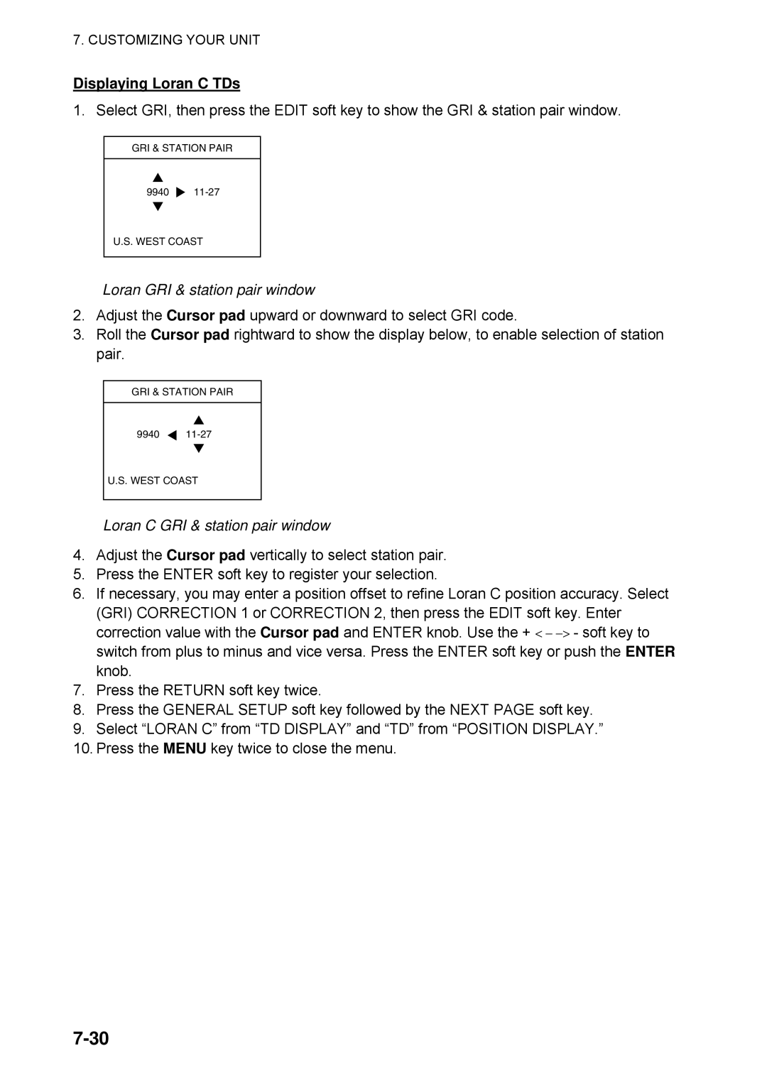 Furuno 1724C, 1734C manual Displaying Loran C TDs, Loran GRI & station pair window, Loran C GRI & station pair window 