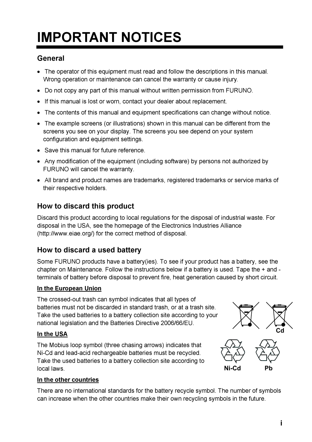 Furuno 1734C General, How to discard this product How to discard a used battery, European Union, Usa, Other countries 