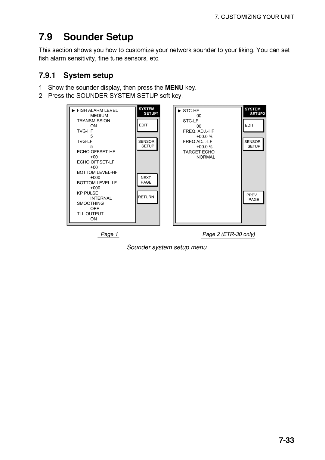 Furuno 1734C, 1724C manual Sounder Setup, System setup, Sounder system setup menu 