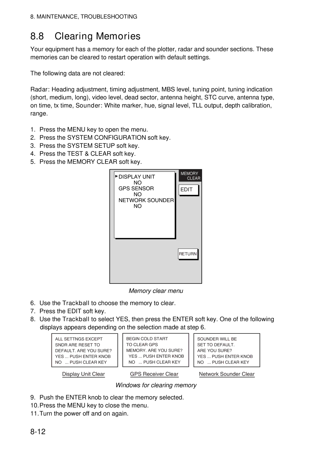 Furuno 1724C, 1734C manual Clearing Memories, Memory clear menu, Windows for clearing memory 