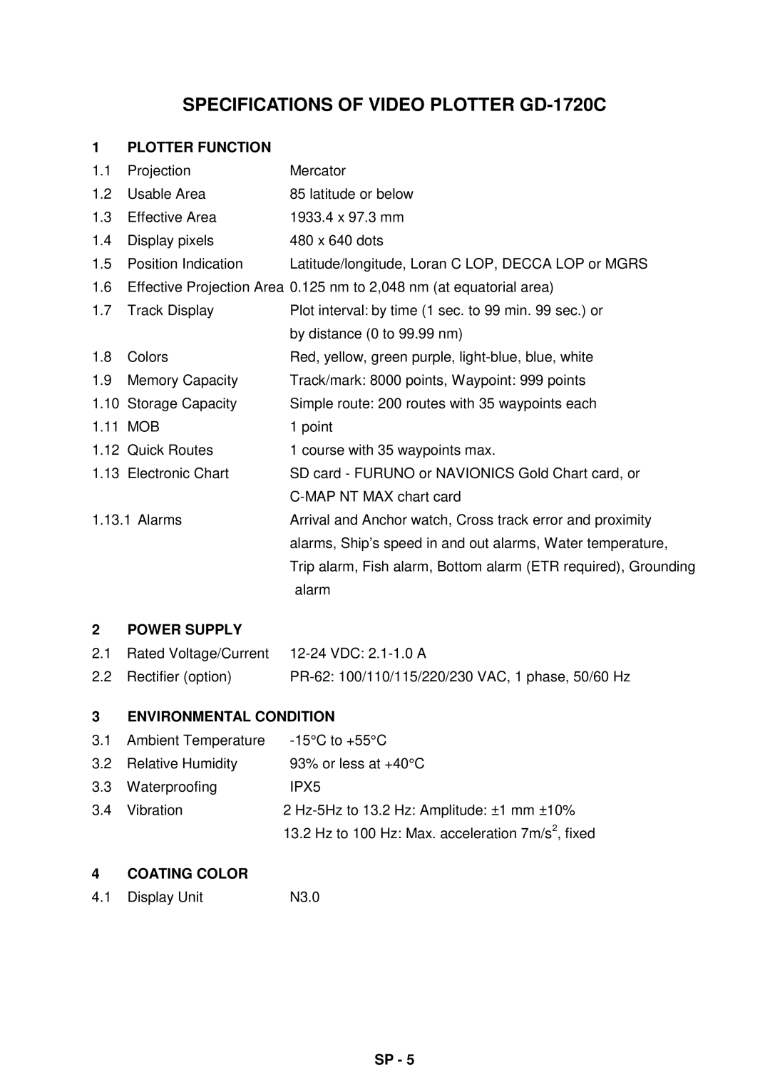 Furuno 1734C, 1724C manual Specifications of Video Plotter GD-1720C 