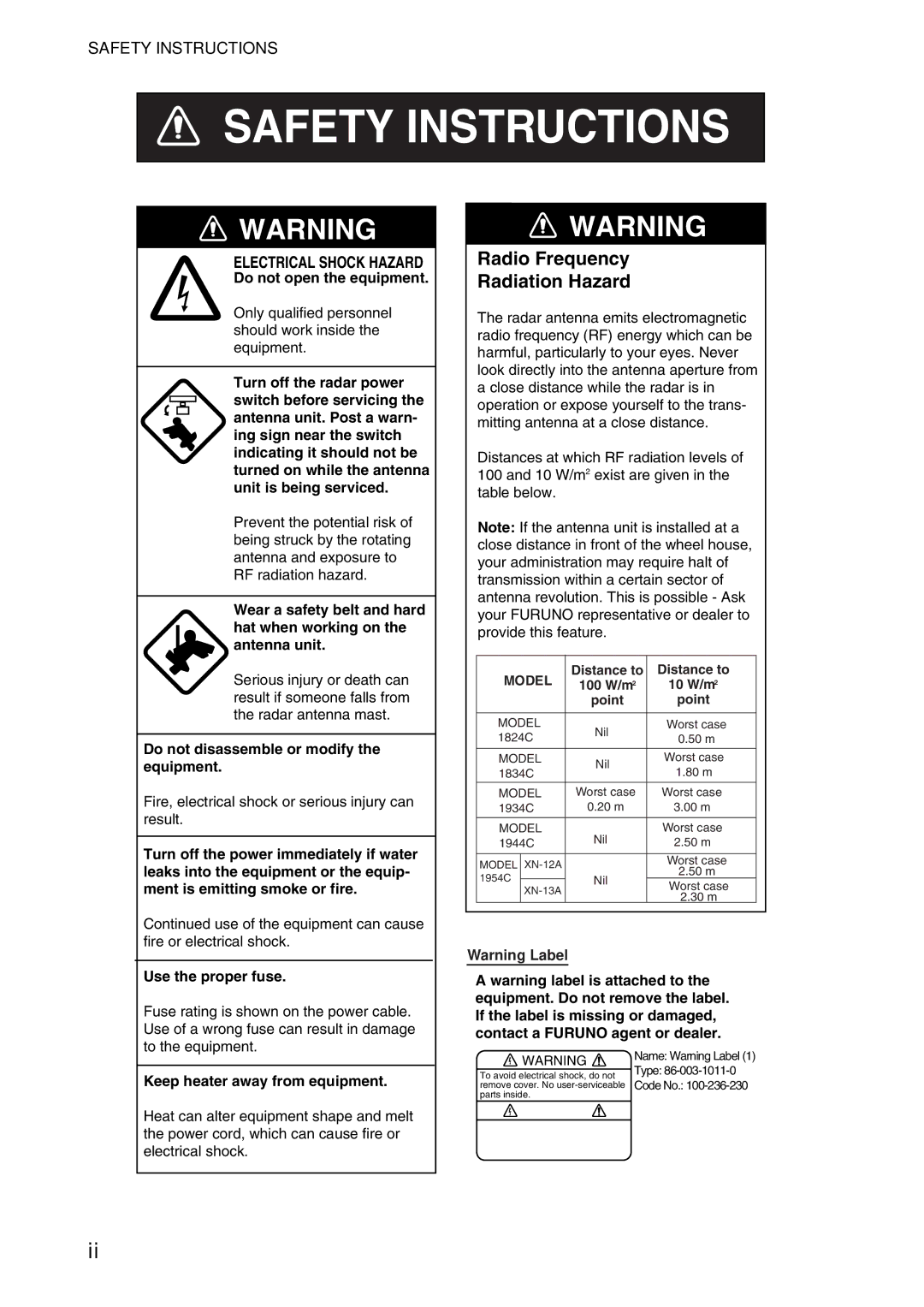 Furuno 1724C, 1734C manual Safety Instructions 