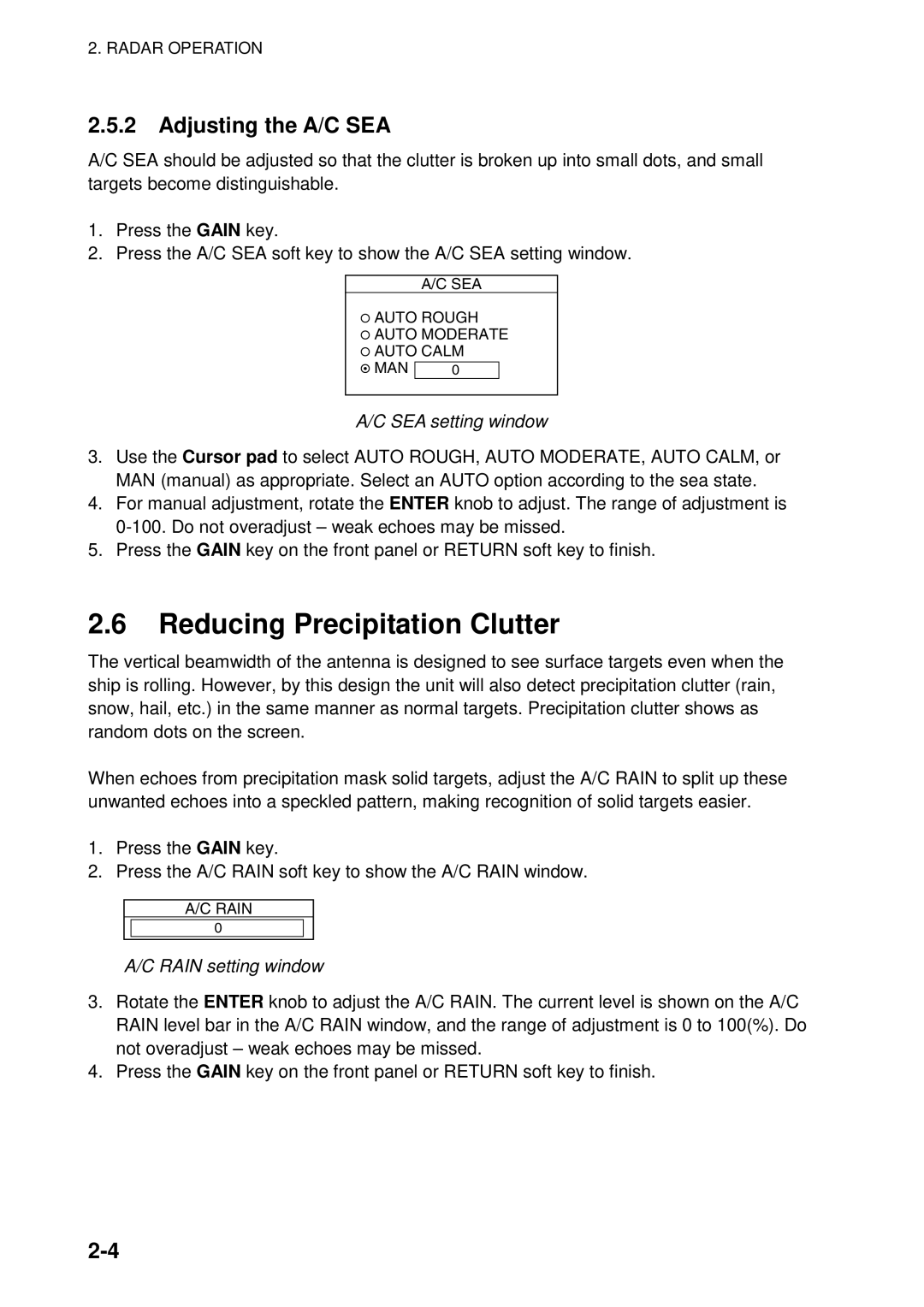 Furuno 1724C, 1734C manual Reducing Precipitation Clutter, Adjusting the A/C SEA, SEA setting window, Rain setting window 