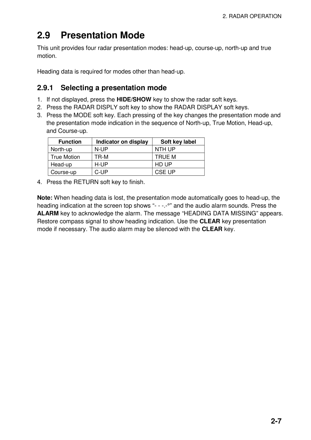 Furuno 1734C, 1724C manual Presentation Mode, Selecting a presentation mode, Function Indicator on display Soft key label 