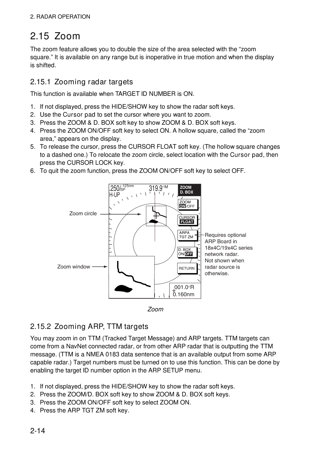 Furuno 1724C, 1734C manual Zooming radar targets, Zooming ARP, TTM targets 