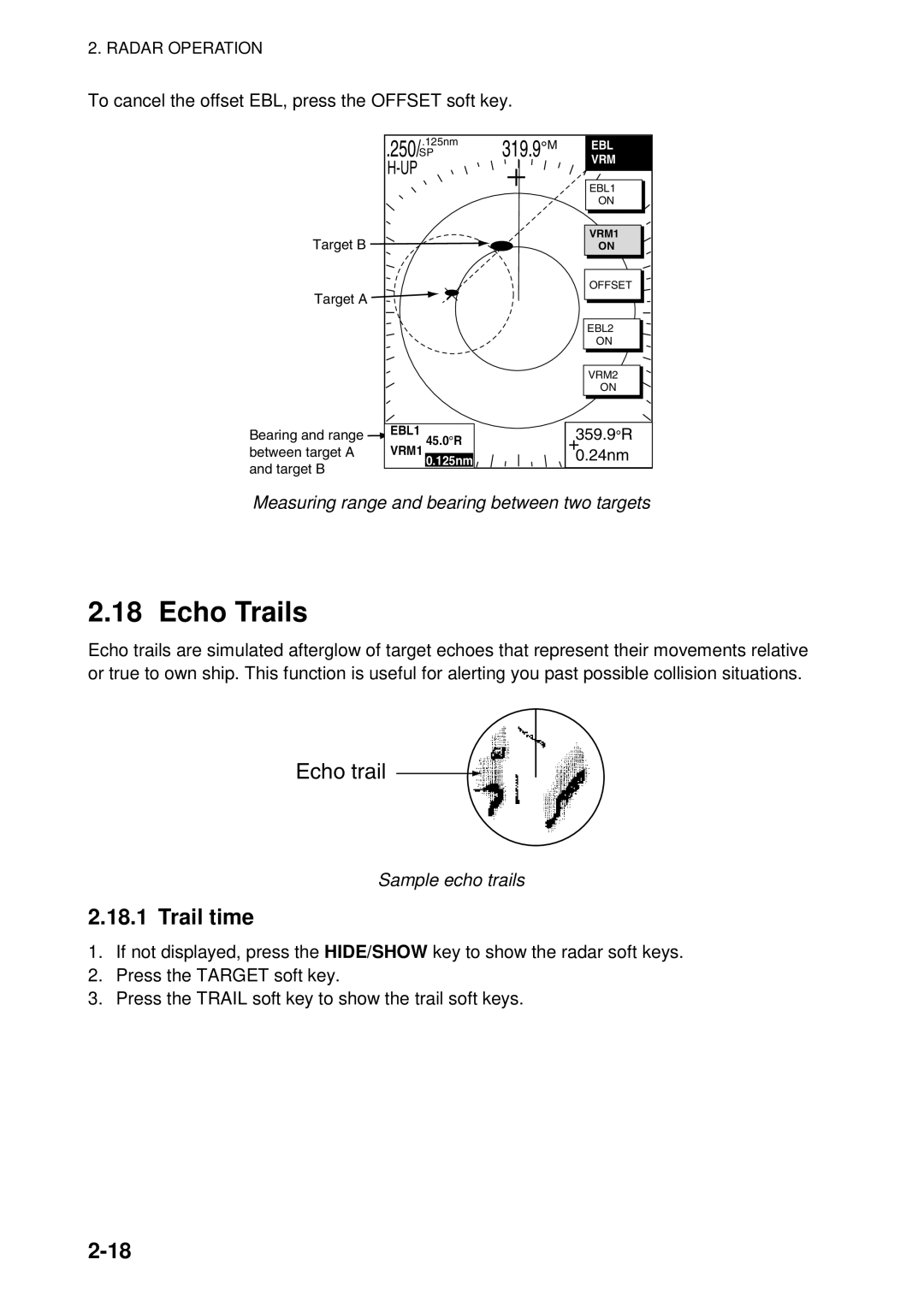 Furuno 1724C, 1734C manual Echo Trails, Trail time, Measuring range and bearing between two targets, Sample echo trails 