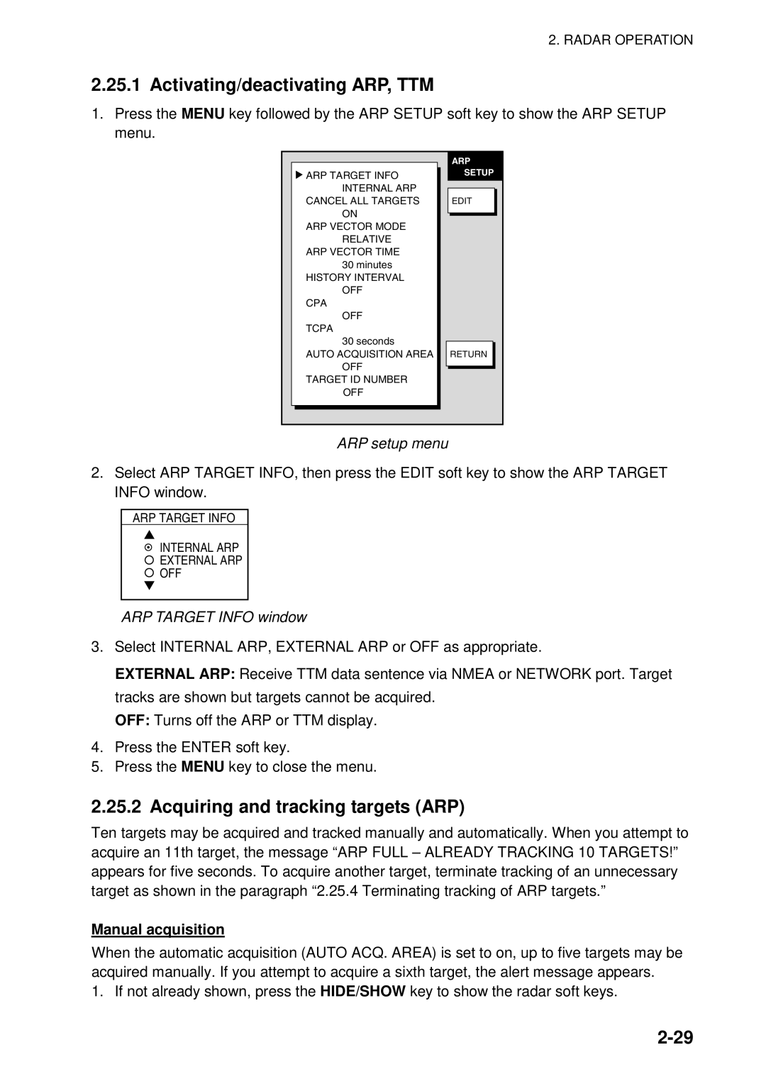 Furuno 1734C Activating/deactivating ARP, TTM, Acquiring and tracking targets ARP, ARP setup menu, ARP Target Info window 