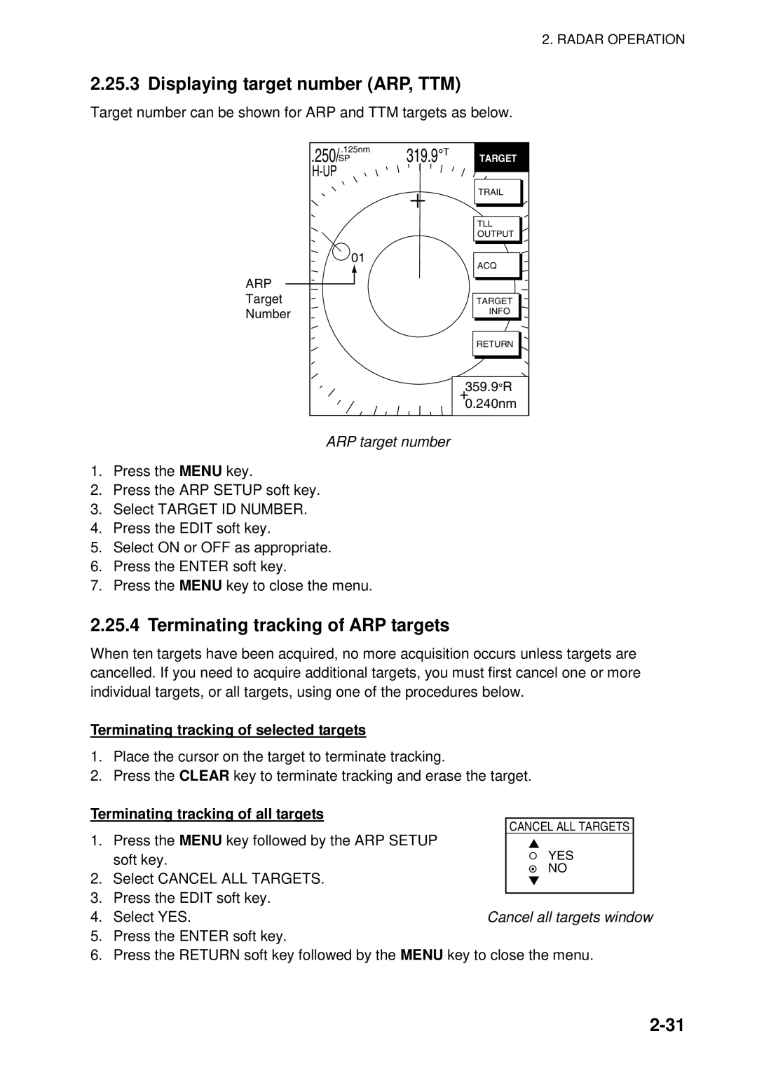 Furuno 1734C, 1724C manual Displaying target number ARP, TTM, Terminating tracking of ARP targets, ARP target number 