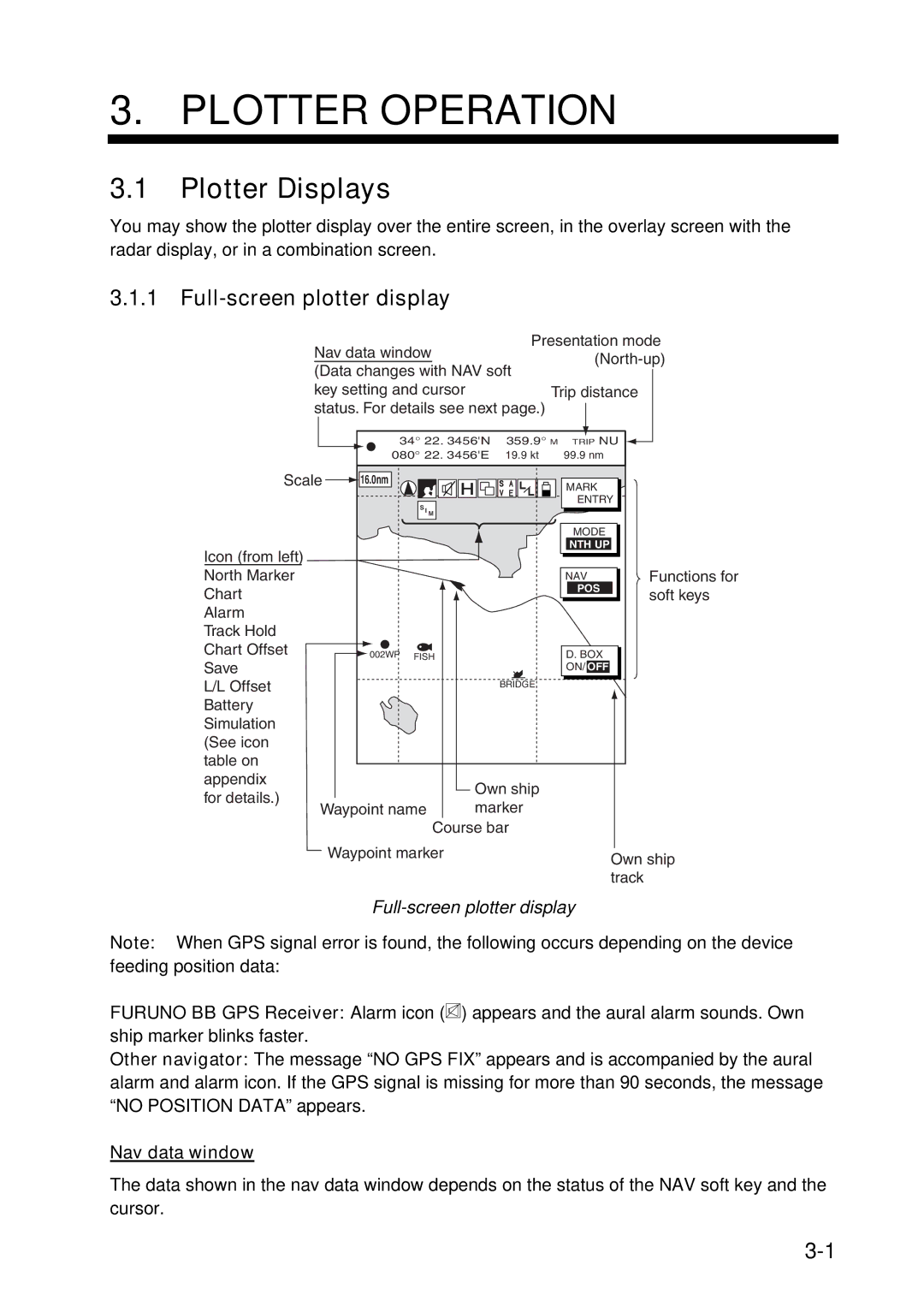 Furuno 1734C, 1724C manual Plotter Displays, Full-screen plotter display, Nav data window 