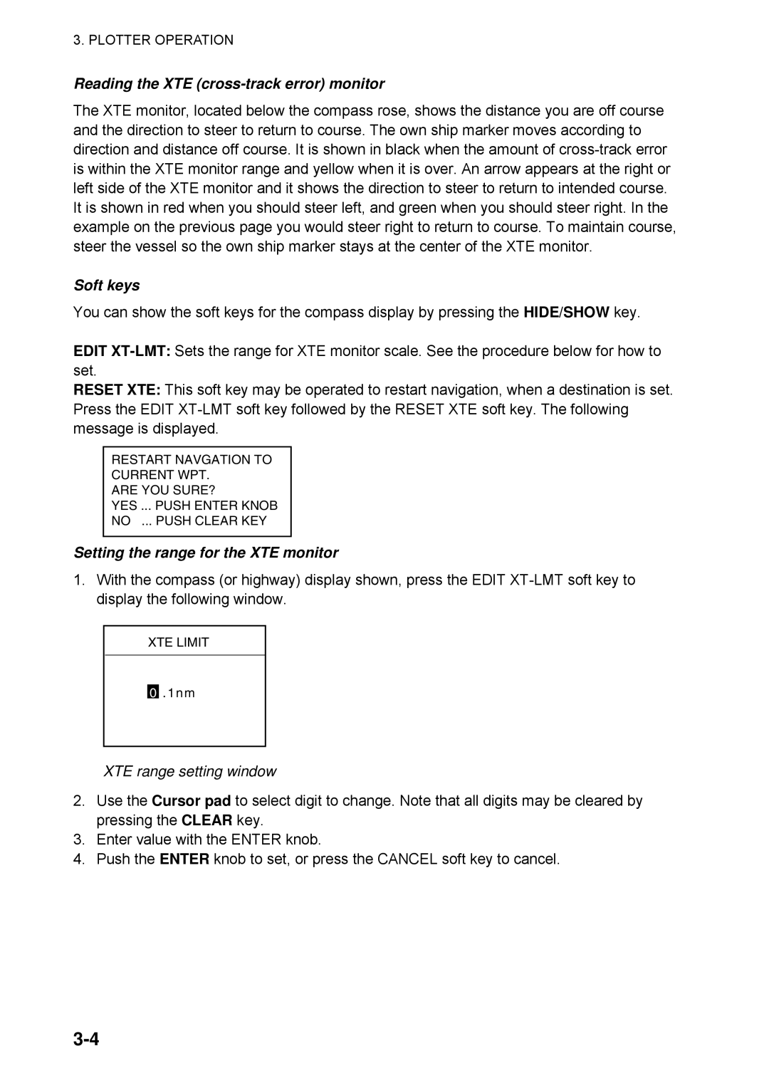 Furuno 1724C, 1734C manual Reading the XTE cross-track error monitor, XTE range setting window 