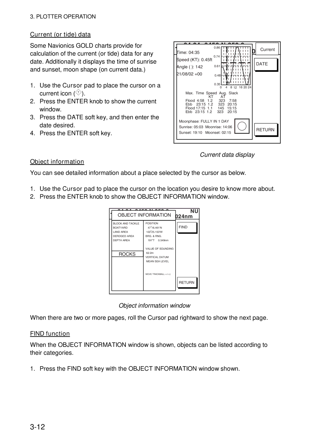 Furuno 1724C, 1734C manual Current or tide data, Current data display, Object information window, Find function 