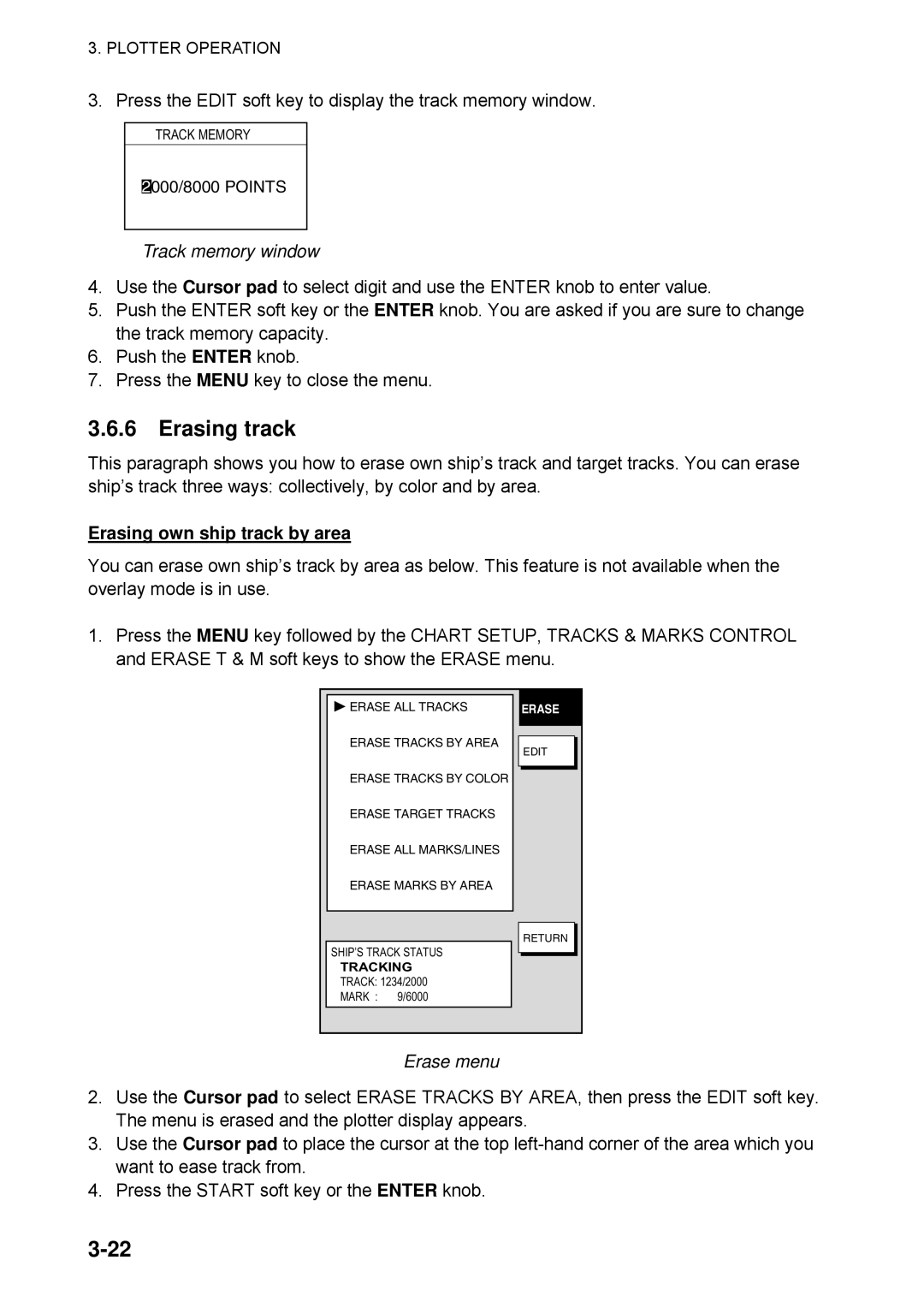 Furuno 1724C, 1734C manual Erasing track, Track memory window, Erasing own ship track by area, Erase menu 