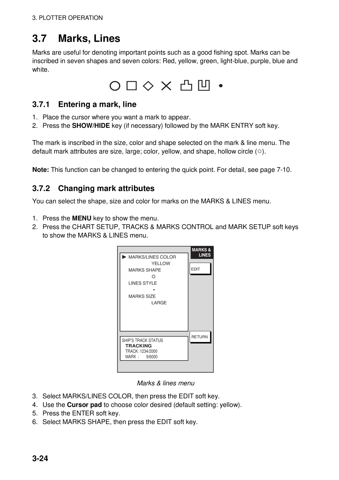Furuno 1724C, 1734C manual Marks, Lines, Entering a mark, line, Changing mark attributes, Marks & lines menu 