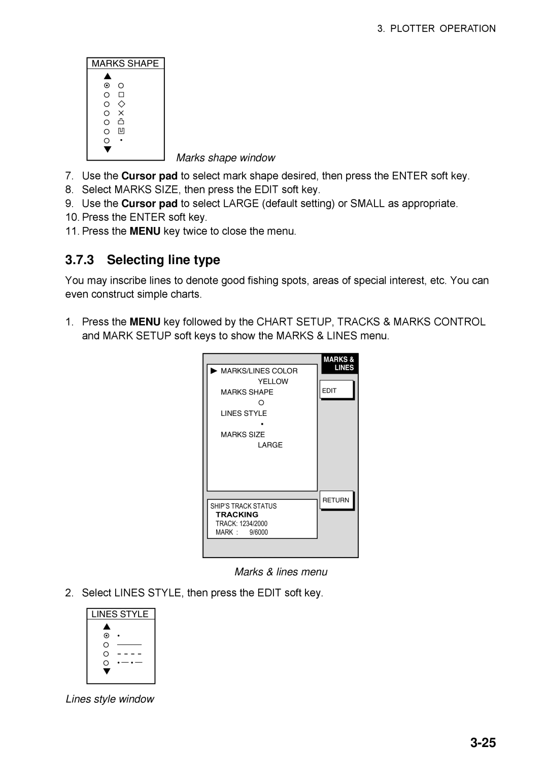 Furuno 1734C, 1724C manual Selecting line type, Marks shape window, Lines style window 