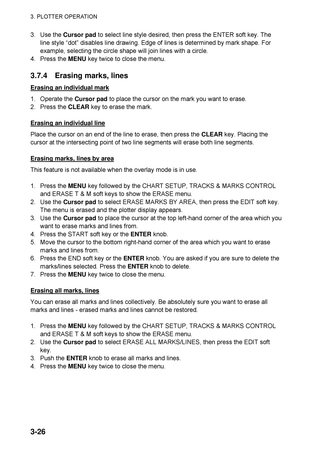 Furuno 1724C, 1734C manual Erasing an individual mark, Erasing an individual line, Erasing marks, lines by area 