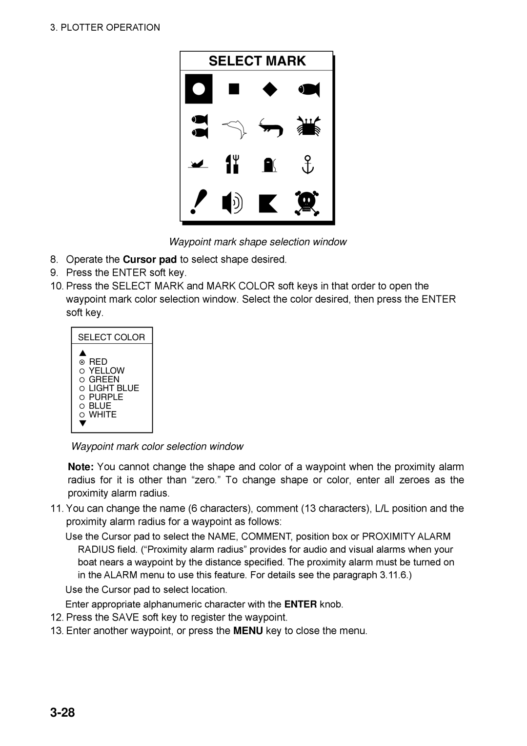 Furuno 1724C, 1734C manual Waypoint mark shape selection window, Waypoint mark color selection window 