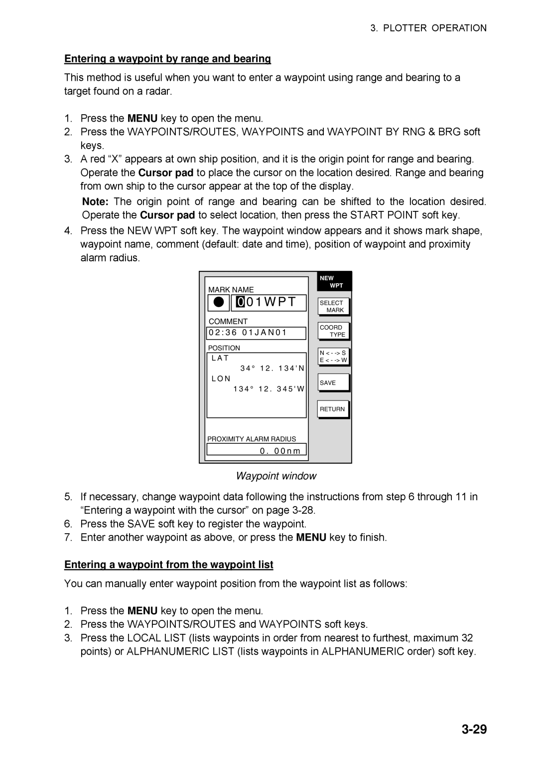 Furuno 1734C manual Entering a waypoint by range and bearing, Entering a waypoint from the waypoint list 