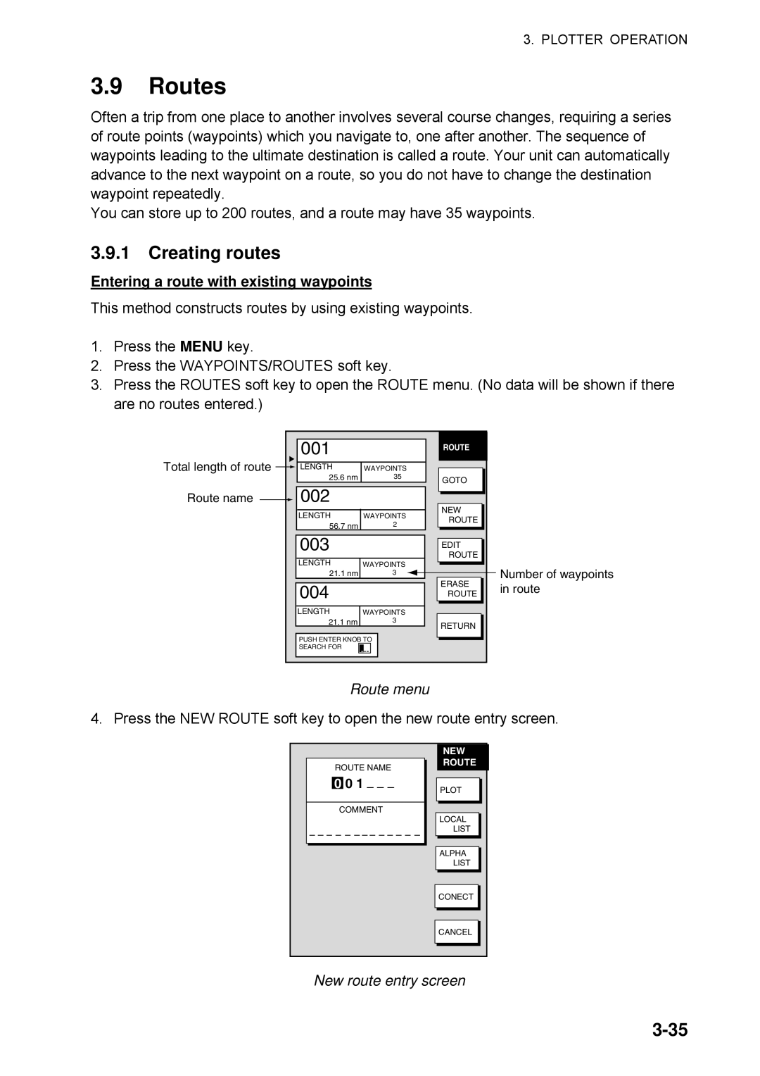 Furuno 1734C manual Routes, Creating routes, Entering a route with existing waypoints, Route menu, New route entry screen 