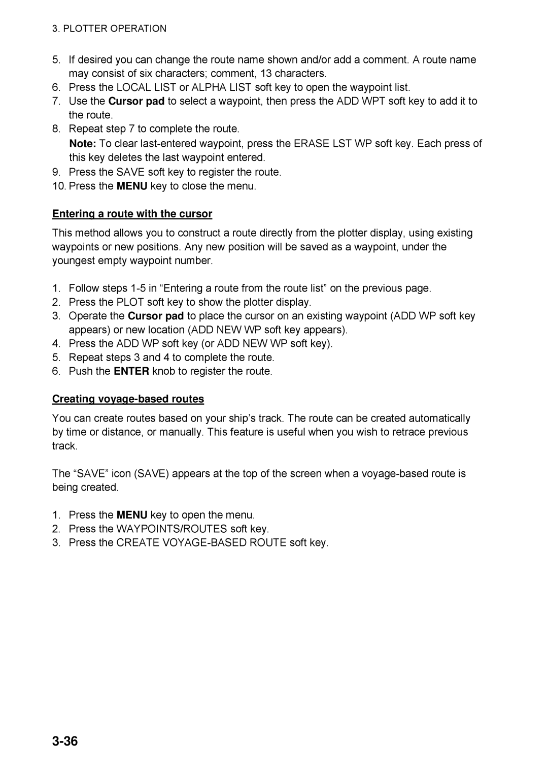 Furuno 1734C manual Entering a route with the cursor, Creating voyage-based routes 