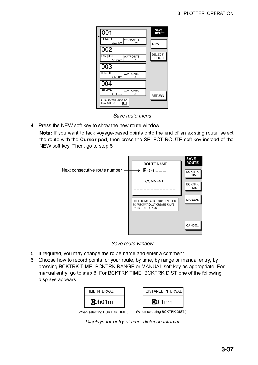 Furuno 1734C manual Save route menu, Save route window, Displays for entry of time, distance interval 