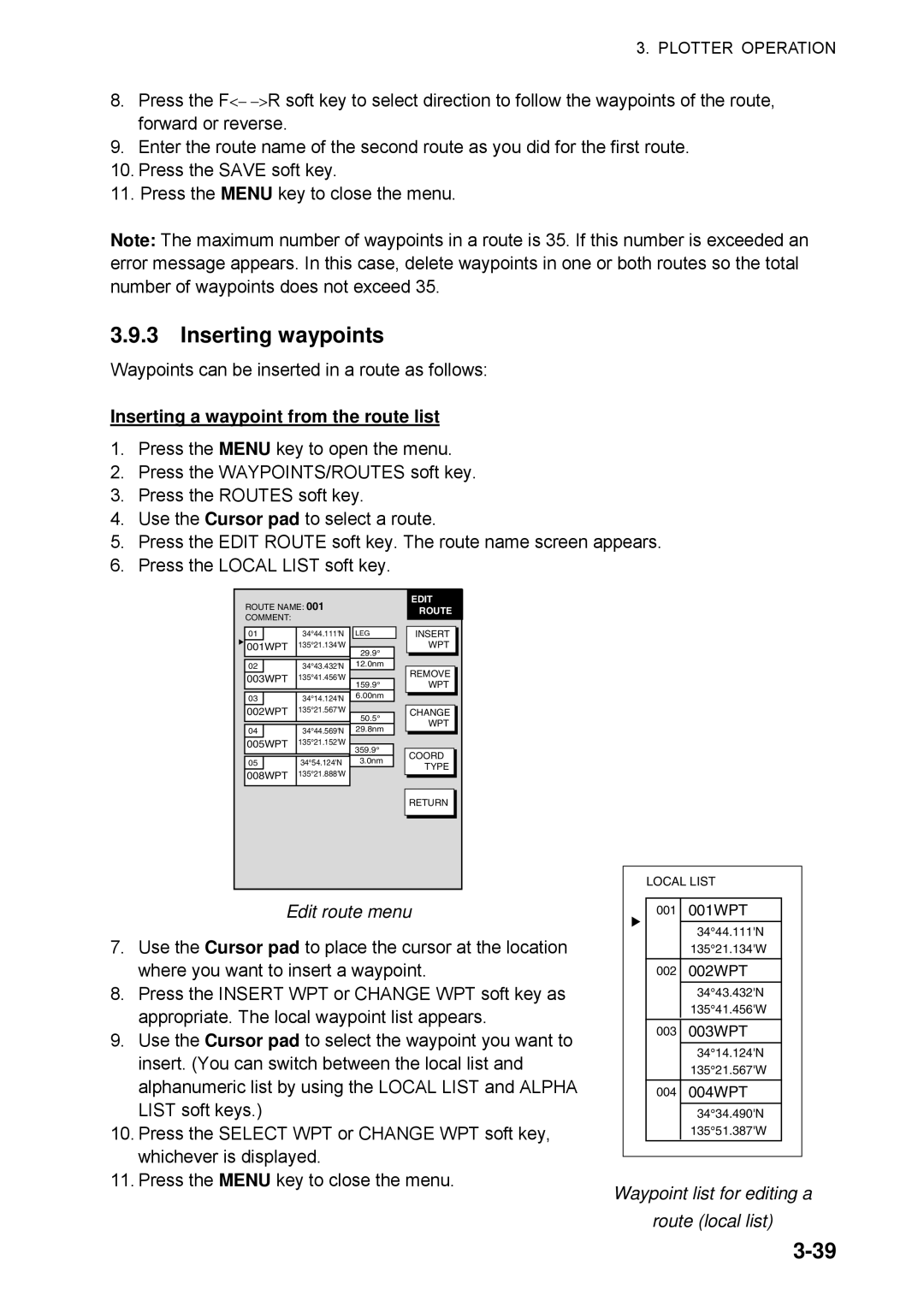 Furuno 1734C manual Inserting waypoints, Inserting a waypoint from the route list, Edit route menu 